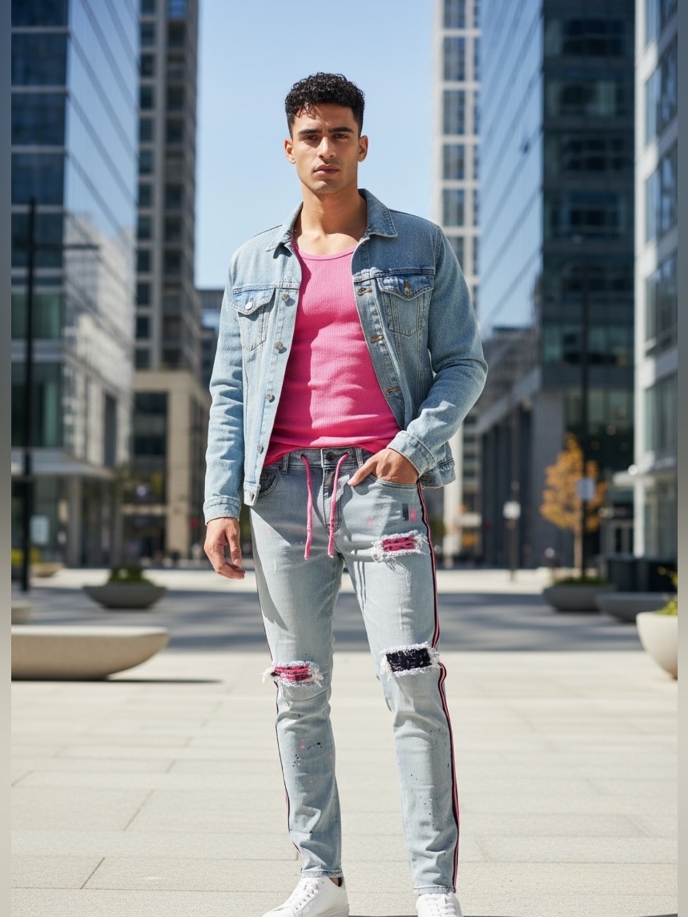 Focus NWOT Mens Slim Fit Faded Blue Distressed Jeans with Pink & Black